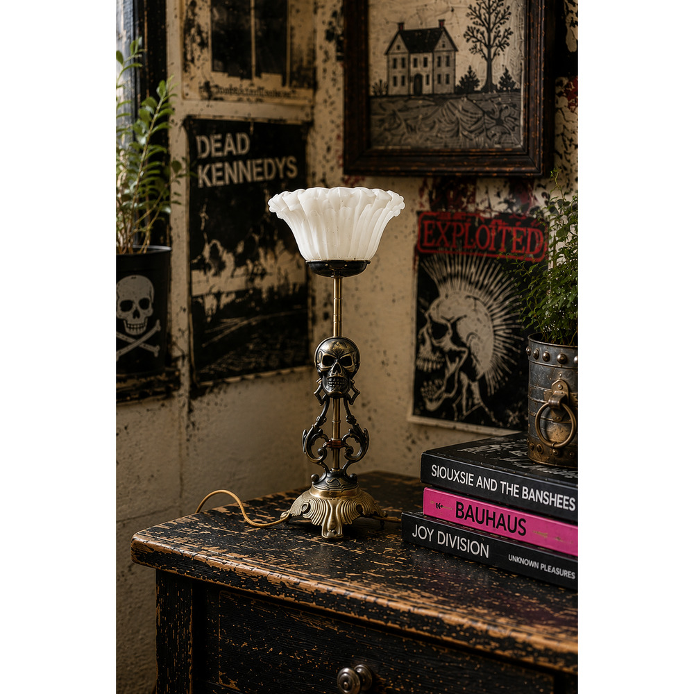 Vintage Metal Skull Base w/ White Ruffle Glass Lamp Shade